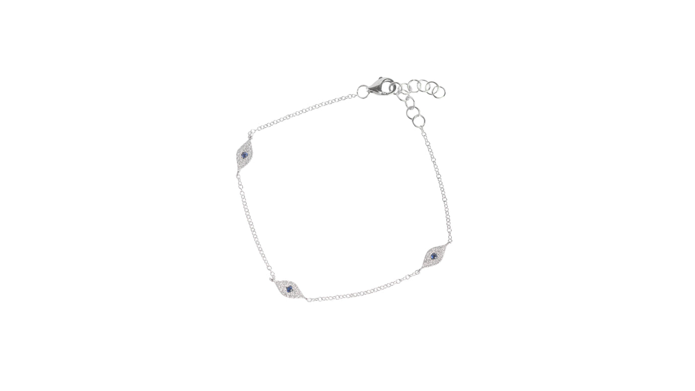 3 Evil Eye Bracelet in White Gold with Blue Sapphire
