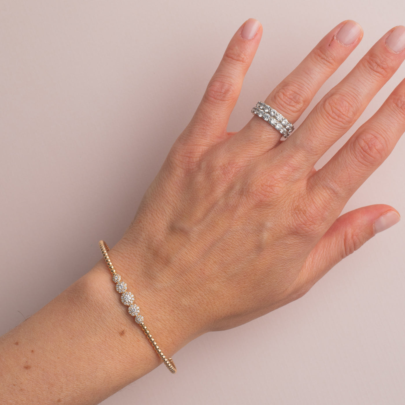 Beaded 5 Cluster Diamond Flexible Bangle